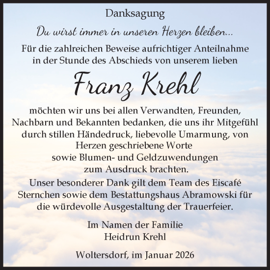 Traueranzeige von Franz Krehl von Volksstimme Burg/Genthin
