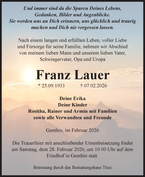 Traueranzeige von Franz Lauer von Volksstimme Burg/Genthin