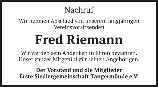 Traueranzeige von Fred Riemann von Volksstimme Altmark Ost
