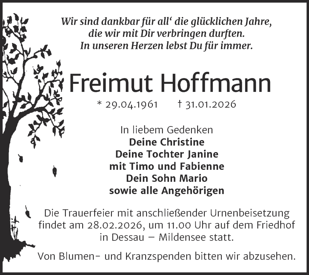 Traueranzeige für Freimut Hoffmann vom 14.02.2026 aus Super Sonntag Dessau-Roßlau