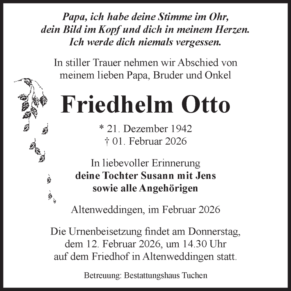  Traueranzeige für Friedhelm Otto vom 07.02.2026 aus Volksstimme Oschersleben/Wanzleben