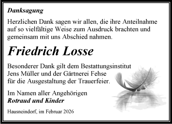 Traueranzeige von Friedrich Losse von Trauerkombi Quedlinburg