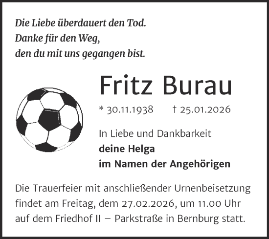 Traueranzeige von Fritz Burau von Trauerkombi Bernburg