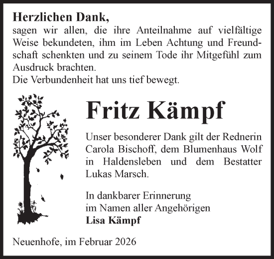 Traueranzeige von Fritz Kämpf von Volksstimme Haldensleben/Wolmirstedt