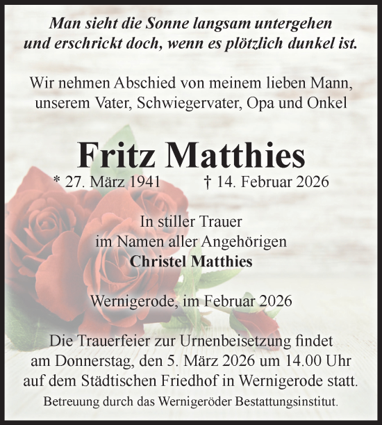 Traueranzeige von Fritz Matthies von Volksstimme Wernigerode
