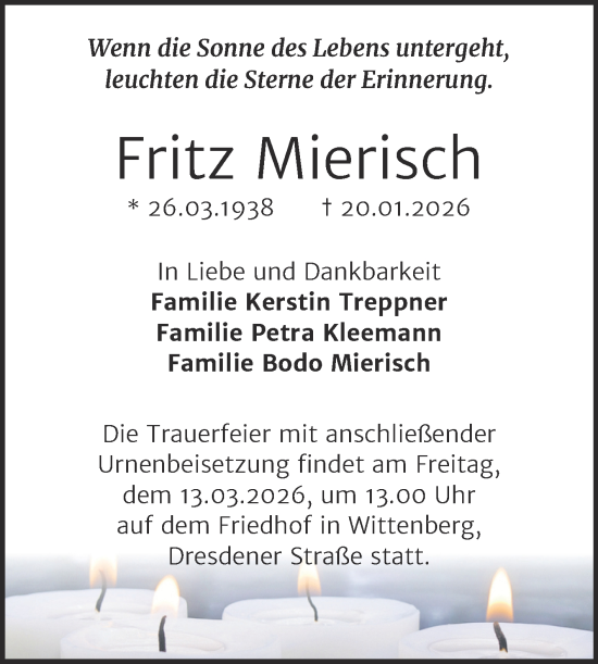 Traueranzeige von Fritz Mierisch von Trauerkombi Wittenberg