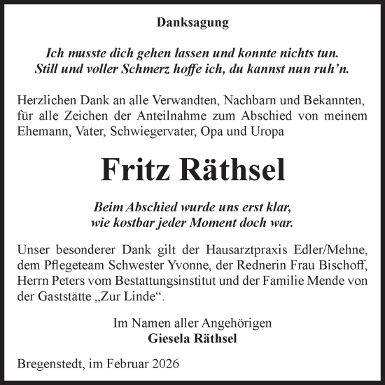 Traueranzeige von Fritz Räthsel von Volksstimme Haldensleben/Wolmirstedt