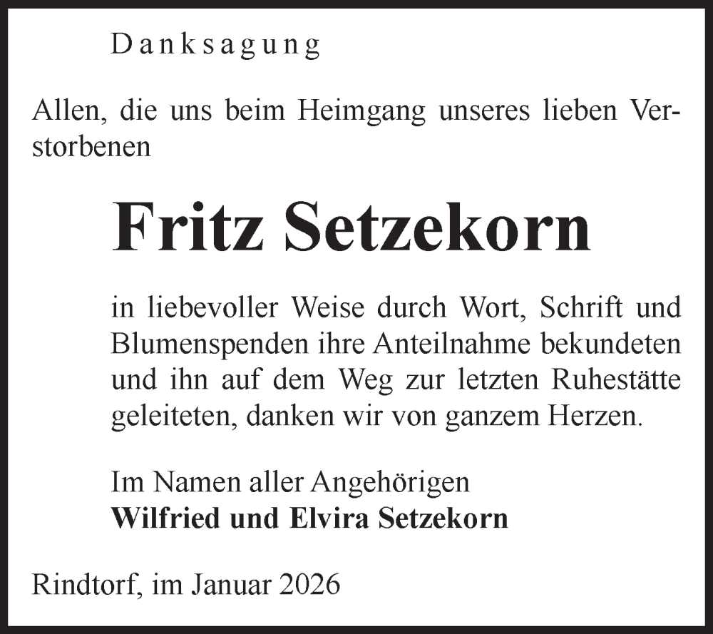 Traueranzeige für Fritz Setzekorn vom 07.02.2026 aus Volksstimme Altmark Ost