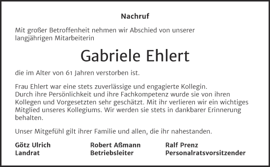 Traueranzeige von Gabriele Ehlert von Super Sonntag Merseburg/Querfurt