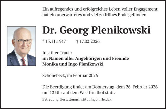 Traueranzeige von Georg Plenikowski von Volksstimme Schönebeck