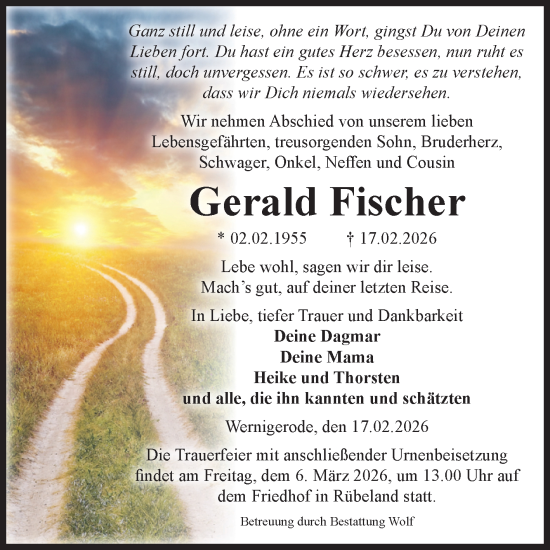 Traueranzeige von Gerald Fischer von Volksstimme Wernigerode