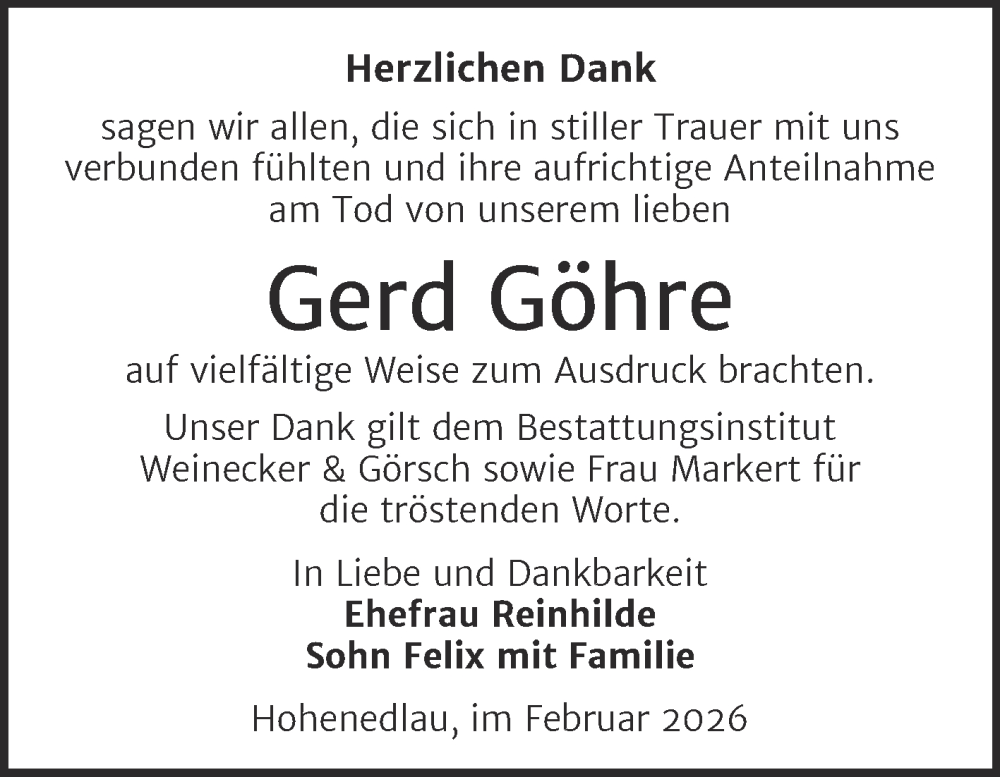  Traueranzeige für Gerd Göhre vom 14.02.2026 aus Trauerkombi Bernburg