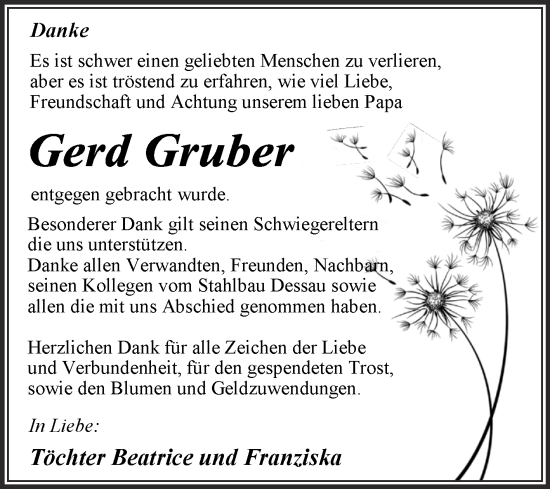 Traueranzeige von Gerd Gruber von Trauerkombi Dessau