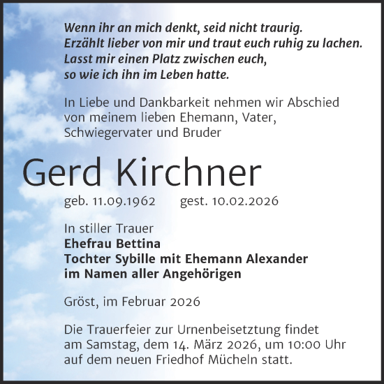 Traueranzeige von Gerd Kirchner von Trauerkombi Merseburg
