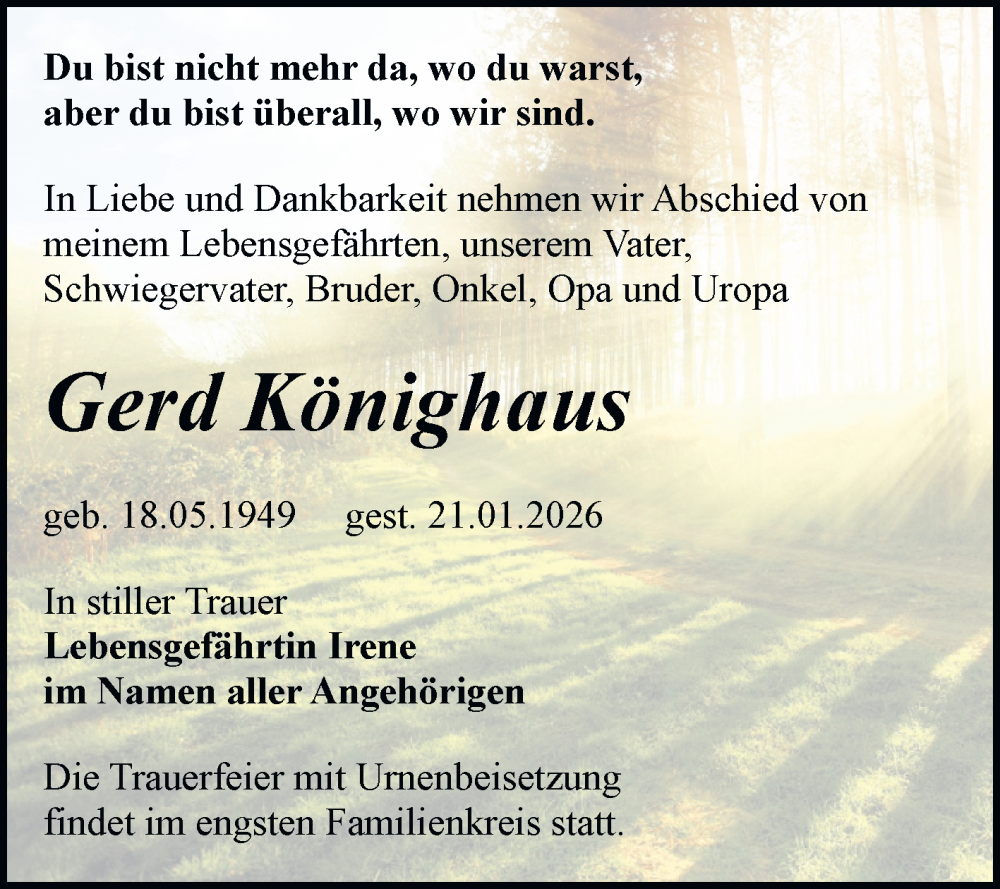  Traueranzeige für Gerd Könighaus vom 07.02.2026 aus Trauerkombi Bitterfeld
