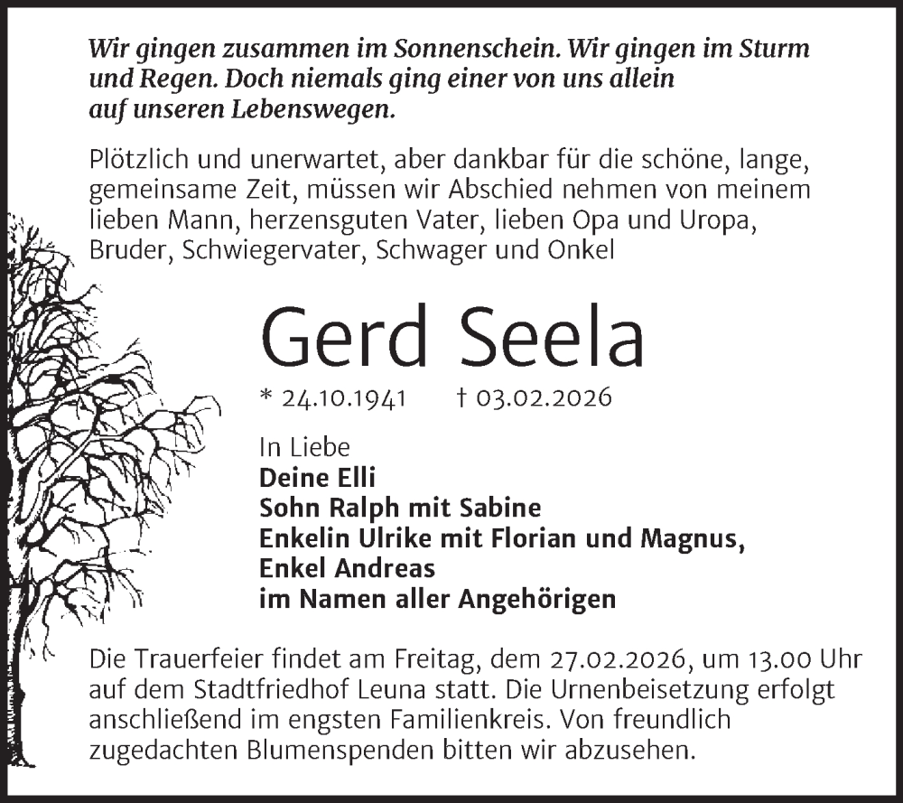  Traueranzeige für Gerd Seela vom 14.02.2026 aus Trauerkombi Merseburg