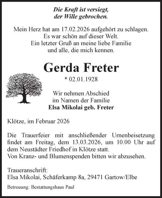 Traueranzeige von Gerda Freter von Volksstimme Altmark West