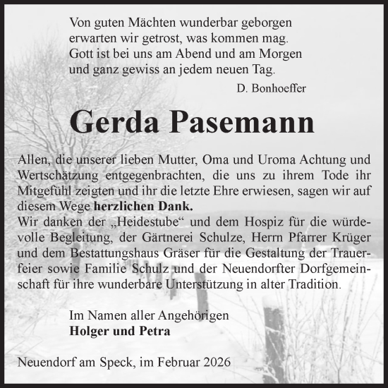 Traueranzeige von Gerda Pasemann von Volksstimme Altmark Ost