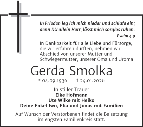 Traueranzeige von Gerda Smolka von Trauerkombi Sangerhausen