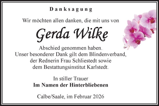Traueranzeige von Gerda Wilke von Volksstimme Schönebeck
