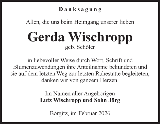 Traueranzeige von Gerda Wischropp von Volksstimme Altmark Ost