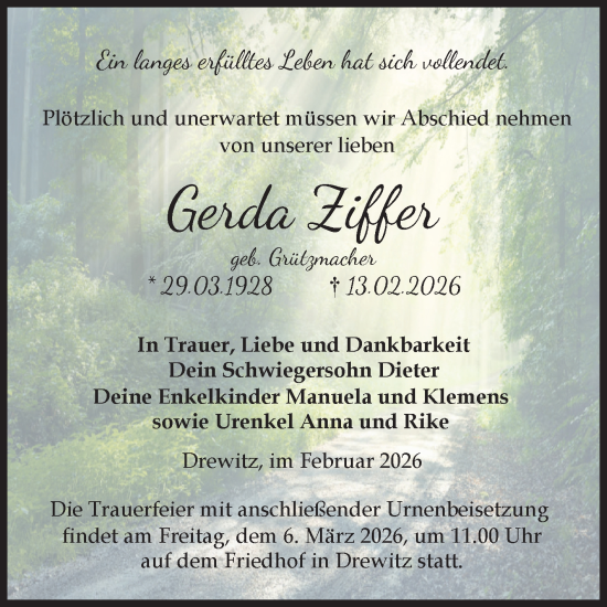 Traueranzeige von Gerda Ziffer von Volksstimme Burg/Genthin
