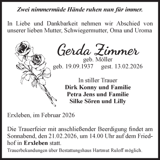 Traueranzeige von Gerda Zimmer von Volksstimme Haldensleben/Wolmirstedt
