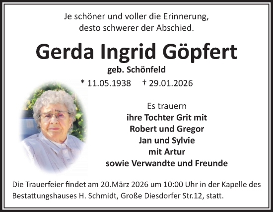 Traueranzeige von Gerda Ingrid Göpfert von Volksstimme Magdeburg