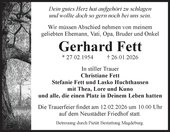 Traueranzeige von Gerhard Fett von Volksstimme Magdeburg