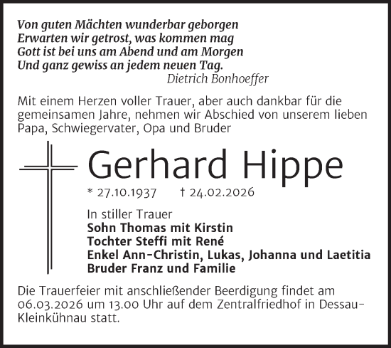 Traueranzeige von Gerhard Hippe von Mitteldeutsche Zeitung Dessau-Roßlau