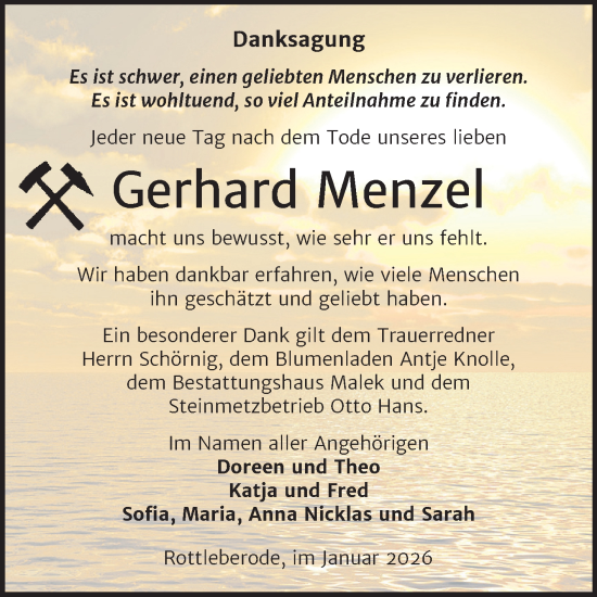 Traueranzeige von Gerhard Menzel von Trauerkombi Sangerhausen