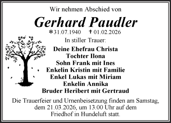 Traueranzeige von Gerhard Paudler von Trauerkombi Dessau