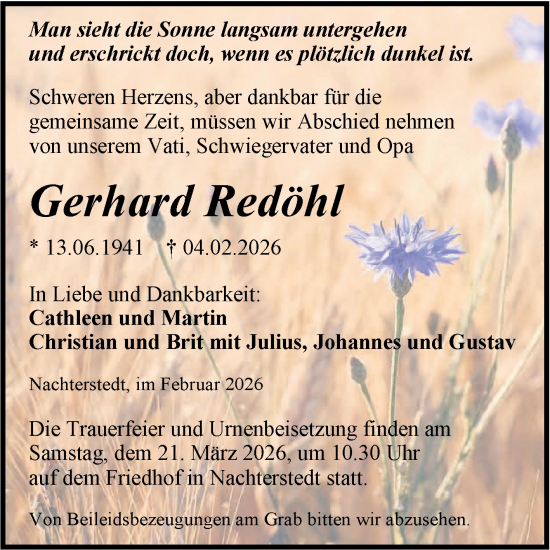 Traueranzeige von Gerhard Redöhl von Trauerkombi Aschersleben
