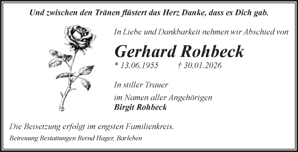  Traueranzeige für Gerhard Rohbeck vom 07.02.2026 aus Volksstimme Haldensleben/Wolmirstedt