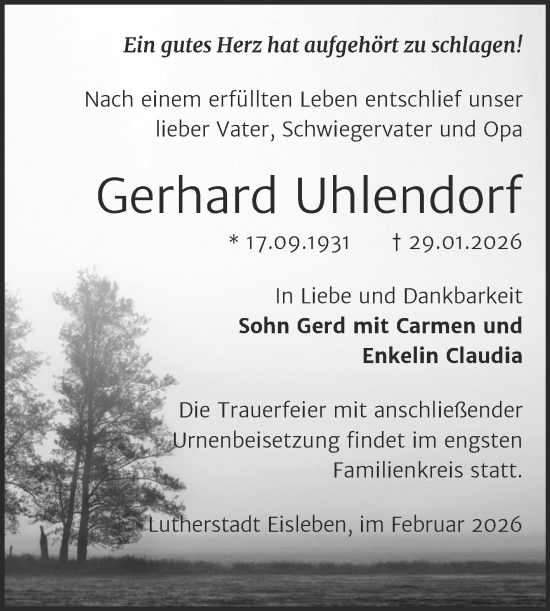 Traueranzeige von Gerhard Uhlendorf von Trauerkombi Mansfelder Land