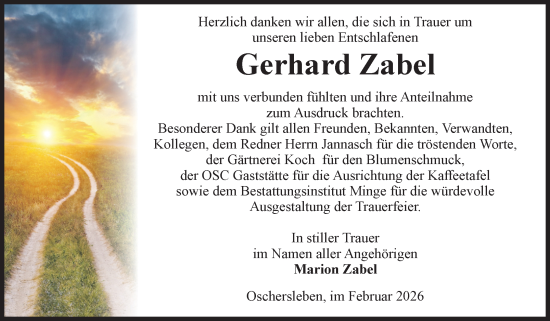 Traueranzeige von Gerhard Zabel von Volksstimme Oschersleben/Wanzleben