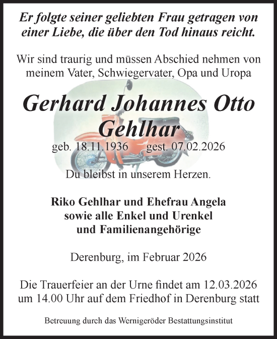 Traueranzeige von Gerhard Johannes Otto Gehlhar von Volksstimme Halberstadt
