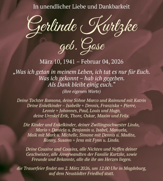 Traueranzeige von Gerlinde Kurtzke von Volksstimme Altmark Ost