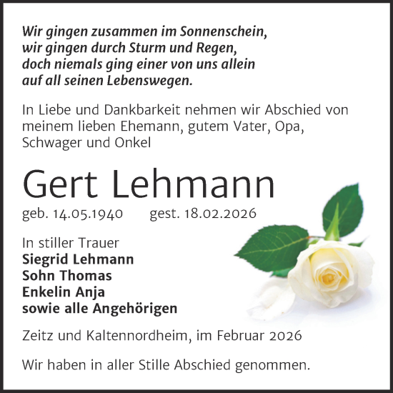 Traueranzeige von Gert Lehmann von Trauerkombi Zeitz