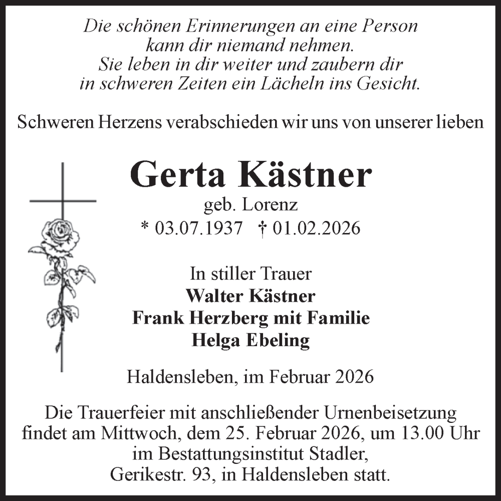  Traueranzeige für Gerta Kästner vom 07.02.2026 aus Volksstimme Haldensleben/Wolmirstedt
