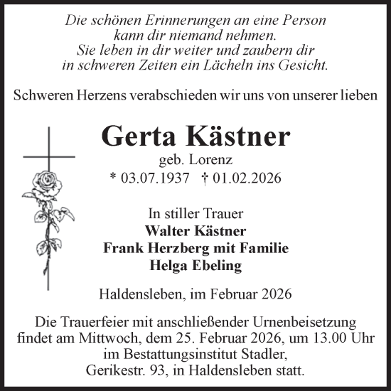 Traueranzeige von Gerta Kästner von Volksstimme Haldensleben/Wolmirstedt