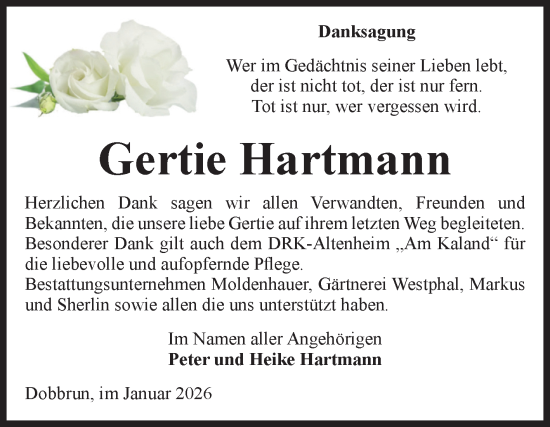 Traueranzeige von Gertie Hartmann von Volksstimme Altmark Ost