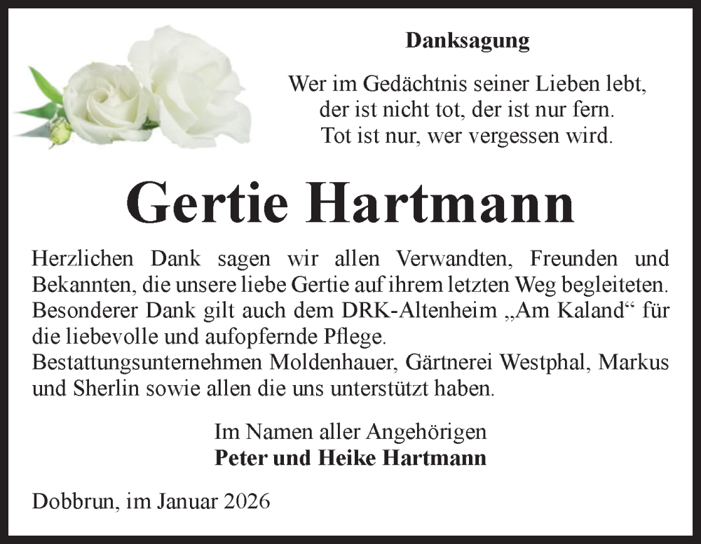  Traueranzeige für Gertie Hartmann vom 07.02.2026 aus Volksstimme Altmark Ost