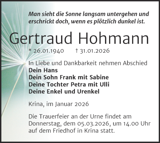 Traueranzeige von Gertraud Hohmann von Trauerkombi Bitterfeld