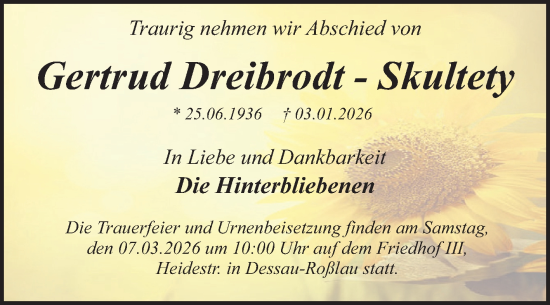 Traueranzeige von Gertrud Dreibrodt-Skultety von Trauerkombi Dessau