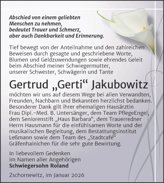 Traueranzeige von Gertrud Jakubowitz von Trauerkombi Wittenberg