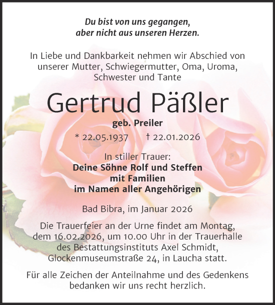 Traueranzeige von Gertrud Päßler von Super Sonntag Naumburg/Nebra