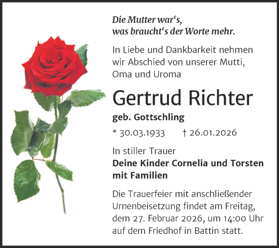 Traueranzeige von Gertrud Richter von Trauerkombi Wittenberg