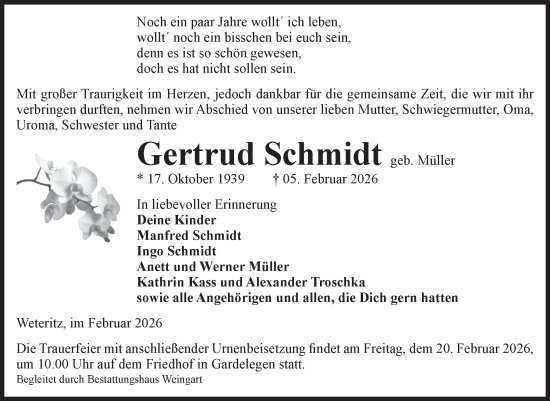 Traueranzeige von Gertrud Schmidt von Volksstimme Altmark West