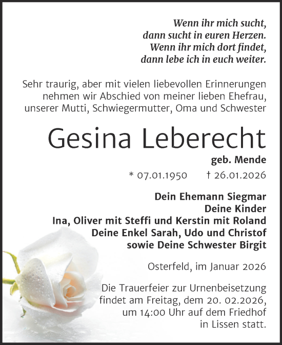 Traueranzeige von Gesina Leberecht von Trauerkombi Zeitz